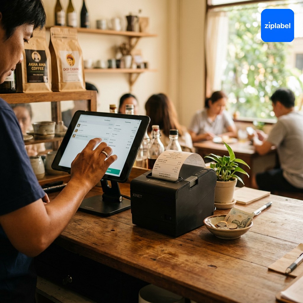 ร้านอาหารและคาเฟ่ใช้เครื่องพิมพ์ใบเสร็จ Bluetooth MD-5532 BT กับ POS