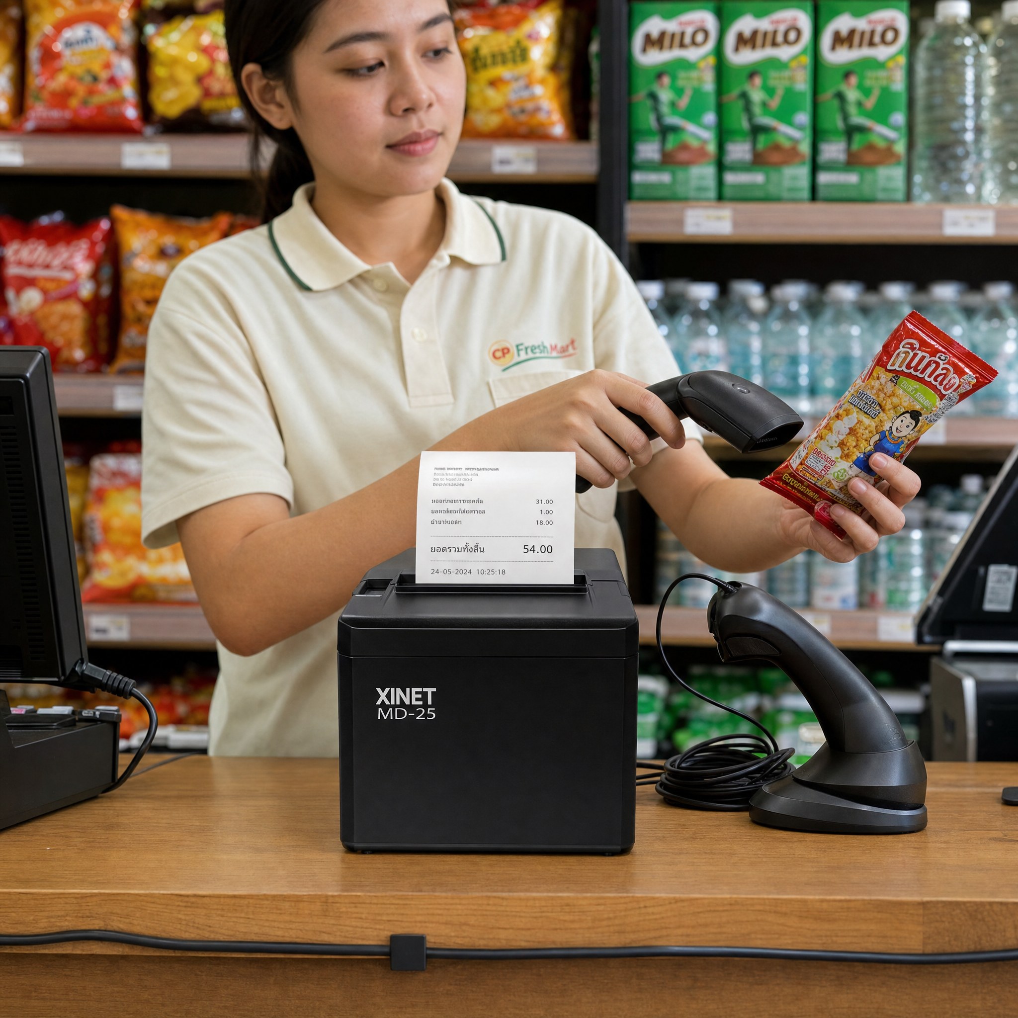 ร้านสะดวกซื้อใช้ barcode scanner กับเครื่องปริ้นใบเสร็จ